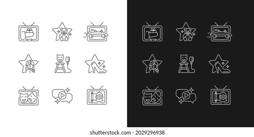 Television show linear icons set for dark and light mode. Shopping series. Children cartoon. Car racing. Customizable thin line symbols. Isolated vector outline illustrations. Editable stroke