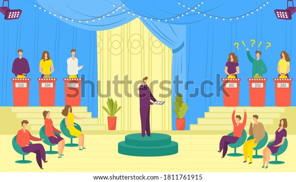 Television\
show, tv game vector illustration. Tv program of entertainment with\
participants answering questions or solving puzzles and host.\
Television quiz. Video broadcoast\
competition.