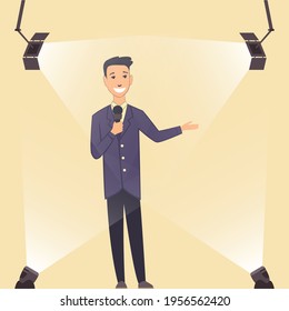 Television Show. Young Presenter Or Performer On A Standup Show On Stage. Man In Classic Style Clothes. Cartoon Character In The Spotlight