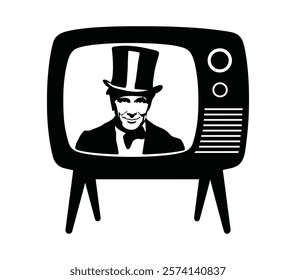 television silhouette with man vector, tv icon symbol, Old television tv retro vintage icon silhouette minimalist clipart illustration.