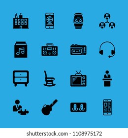 television, smartphone, collaboration, strategic, speech, headphones, radio, music album and recorder vector icon. Simple icons set