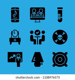 television, speaker, smartphone, presentation, meeting, lamp, death, cupboard and test tube vector icon. Simple icons set