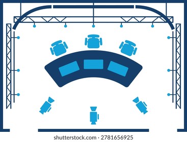 Television studio broadcast set layout icon flat top view design for newsroom talk show media production planning on transparent background
