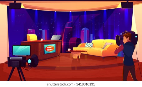 Television studio with camera, lights, table for newscaster, couch for interview and recording TV program, show. Broadcasting room interior, shooting cameraman, stage, Cartoon vector illustration