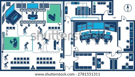 Television studio complex floor plan blueprint showing production rooms control center and equipment for media business design on