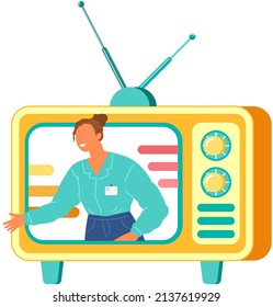 Television studio with happy smiling woman reporter broadcasting news. Female presenter on old TV screen. Live broadcast, television with young lady. Retro receiver, screen of TV vector illustration