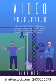 Television studio movie or video production, recording process. Video operator looking through camcorder on tripod. Multimedia and film industry. Cartoon vector poster