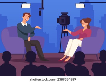 Television talk show with a guest and presenter invited for interviews, flat vector illustration. Television journalism and entertainment filming banner concept.