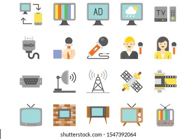 Television and technology related TV and mobile and dish antenna vectors in flat design