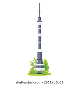 Television tower isolated on white background. Vector illustration. Modern broadcasting landmark with antenna and landscaped greenery.