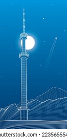 Torre de televisión en las montañas de la ciudad de Almaty. Kok Tobe, Kazajistán. Ilustración de esquema blanco. Paisaje nocturno. Arte de diseño de vectores