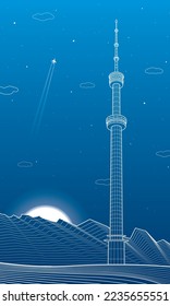 Television tower in mountains of Almaty city. Kok Tobe, Kazakhstan. White outline illustration. Night ladscape. Vector design art