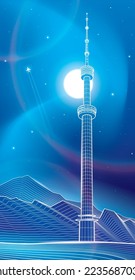 Television tower in mountains of Almaty city. Kazakhstan. White outline illustration. Neon glow. Night ladscape. Vector design art