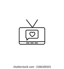 Television, tv set, tv show concept. Vector sign drawn in flat style. Suitable for sites, articles, books, apps. Editable stroke. Line icon of heart inside of speech bubble on tv screen 