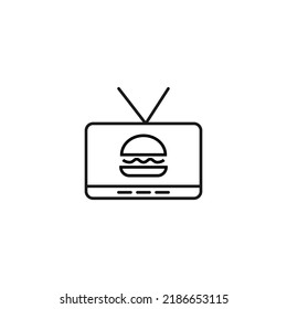Television, tv set, tv show concept. Vector sign drawn in flat style. Suitable for sites, articles, books, apps. Editable stroke. Line icon of burger on tv screen 
