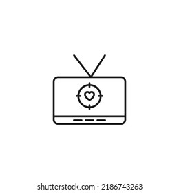 Television, tv set, tv show concept. Vector sign drawn in flat style. Suitable for sites, articles, books, apps. Editable stroke. Line icon of heart inside of target on tv screen 