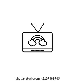 Television, tv set, tv show concept. Vector sign drawn in flat style. Suitable for sites, articles, books, apps. Editable stroke. Line icon of rainbow with clouds on tv screen 