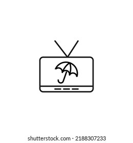 Televisión, televisión, concepto de programa de televisión. Señal del vector dibujada en estilo plano. Adecuado para sitios, artículos, libros, aplicaciones. Trazo editable. Icono de línea del paraguas en la pantalla de televisión 