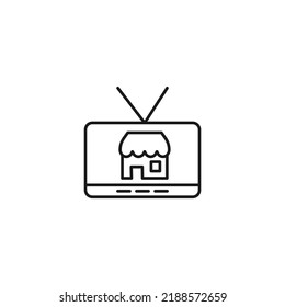 Television, tv set, tv show concept. Vector sign drawn in flat style. Suitable for sites, articles, books, apps. Editable stroke. Line icon of store or shop on tv screen 