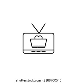 Television, tv set, tv show concept. Vector sign drawn in flat style. Suitable for sites, articles, books, apps. Editable stroke. Line icon of heart in shopping basket on tv screen