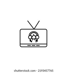 Television, tv set, tv show concept. Vector sign drawn in flat style. Suitable for sites, articles, books, apps. Editable stroke. Line icon of woman in headphone on tv screen 