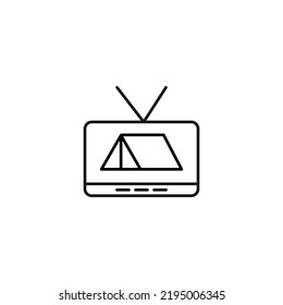 Television, tv set, tv show concept. Vector sign drawn in flat style. Suitable for sites, articles, books, apps. Editable stroke. Line icon of tent on tv screen 