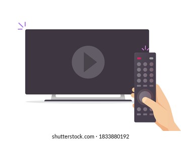 Televisión de televisión viendo el concepto del vector de vídeo ilustración de dibujos animados planos, televisión inteligente de pantalla plana que suena como servicio de cine con personal y tecnología de control remoto