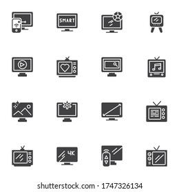 Television vector icons set, TV screen modern solid symbol collection, filled style pictogram pack. Signs, logo illustration. Set includes icons as computer monitor, retro tv, led, remote control