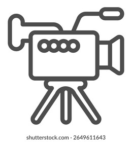 Ícone de linha de câmera de vídeo de televisão, conceito de equipamento óptico. Gráficos vetoriais. Câmera de estúdio com microfone no sinal de tripé no fundo branco, ícone de estilo de contorno para design móvel ou web