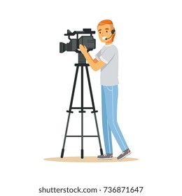 Television video operator with camera on tripod