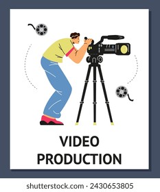 Television video operator looking through camcorder on tripod. TV operator male or video maker records film on professional camera. Cartoon movie video production vector poster