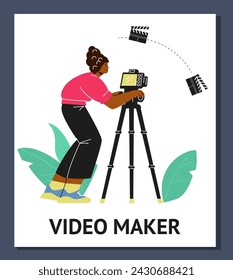 Television video operator looking through camera on tripod, recording film. Movie or video content production. Cartoon video maker vector poster with leaves and film clapper