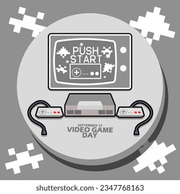 A television with video and stick console game with bold text in circle frame on gray background to celebrate National Video Games Day on September 12