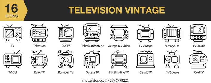 Television Vintage icon set. Includes professional services, business activities, management concepts, operational tools, and more. Outline icons vector collection.