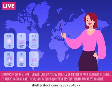 Television weather forecast show with a leading specialist from a weather station giving daily forecast, flat vector illustration. Observation of weather and climate.