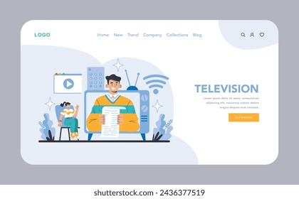 Television web or landing page. Visual storytelling and news reporting. Anchors and audience engagement in media. Digital transition in TV. Flat vector illustration.