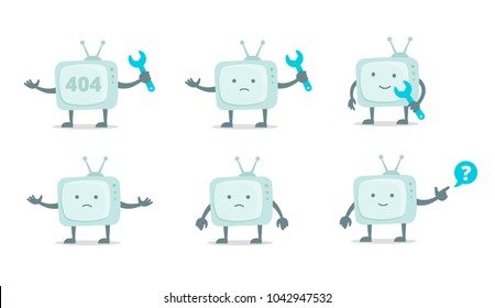 Televisor character with face, legs and hands. Repair set. Telly television fixing with wrench set 404 character set with wrench spanner repairs. Color vector illustration stock.