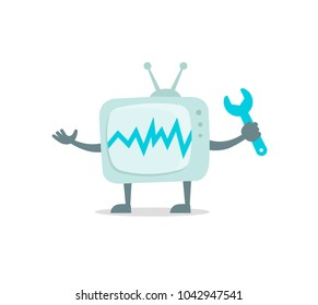 Televisor character with face, legs and hands. Repair set. TV fixing with wrench set 404 character set with wrench spanner repairs. Color vector illustration stock.