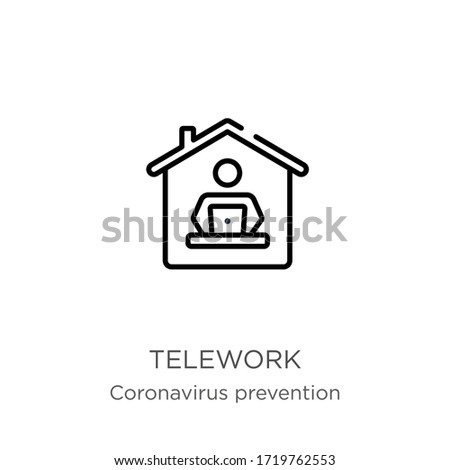 Telework icon. Thin linear telework outline icon isolated on white background from Coronavirus Prevention collection. Modern line vector sign, symbol, stroke for web and mobile