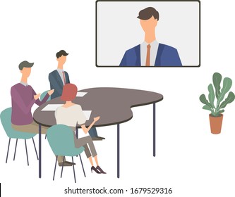 Telework, Remote Work, Meeting By Videophone, Business Illustration, Vector Illustration