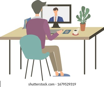 Telework, Remote Work, Meeting By Videophone, Business Illustration, Vector Illustration