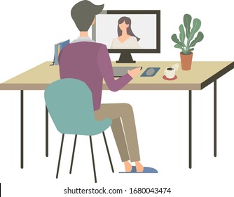 Telework, Remote Work, Meeting By Videophone, Business Illustration, Vector Illustration