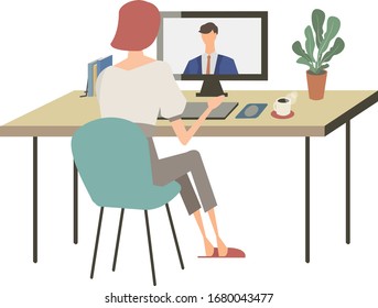 Telework, Remote Work, Meeting By Videophone, Business Illustration, Vector Illustration