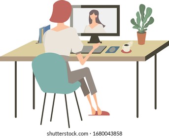 Telework, Remote Work, Meeting By Videophone, Business Illustration, Vector Illustration