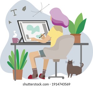 Telework remote work on graphic tablet as freelance illustrator. Home work space. Home office desk workspace. Home office workplace.