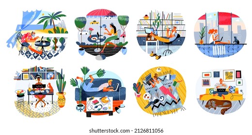 Telework set, people work at home office, cafe or beach terrace vector illustration. Cartoon man and woman using laptop and computer, lying on floor, sitting in chair or sofa. Freelance concept