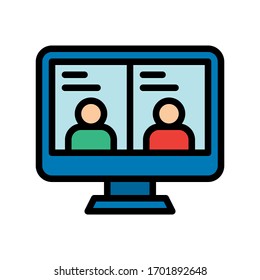 telework or telecommuting related characters chating in computer screen vector with editable stroke