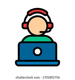 Telearbeit oder telekommunikationsbezogene Unterstützung Junge mit Kopfhörer und Laptop-Vektorillustration mit bearbeitbarem Schlaganfall