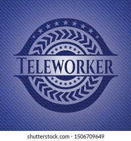 Teleworker badge with denim texture. Vector Illustration. Detailed.