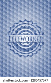 Teleworker blue badge with geometric pattern background.